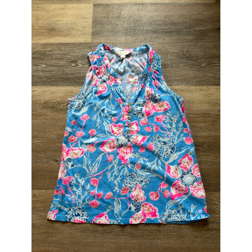 Lilly Pulitzer Blue Pink Floral Sleeveless Smocked Henley Cotton Top Small